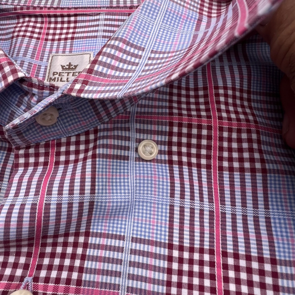Peter Millar Mens XL Button Down Shirt 100% Cotton Plaid Blue Burgundy Pink - Picture 5 of 8